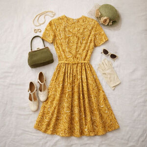 Vintage 50s 60s Casualmaker Yellow Swirl Print Short Sleeve Dress